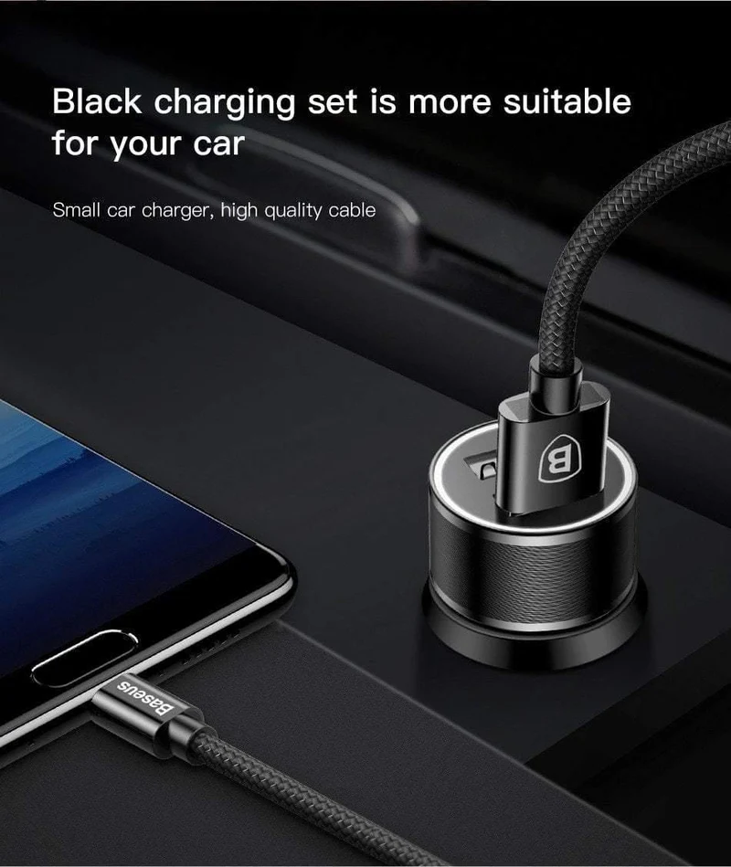 Baseus Metall-Autoladegerät-Adapter für Mobiltelefone, 3.4 A, Dual-USB-Autotelefonladegerät für iPhone, Samsung und Micro-USB/Typ-C-Kabel