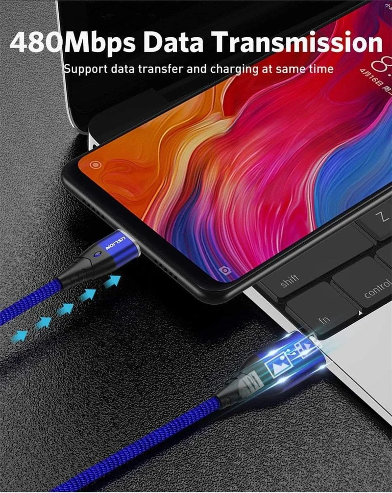 USLION LED Magnetisches USB-Kabel Schnelles Micro-USB Typ-C Magnetladegerät USB-C Datenkabel für Samsung Xiaomi Handy-Ladekabel