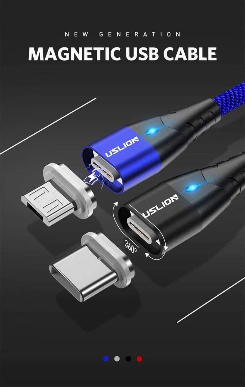 USLION LED Magnetisches USB-Kabel Schnelles Micro-USB Typ-C Magnetladegerät USB-C Datenkabel für Samsung Xiaomi Handy-Ladekabel