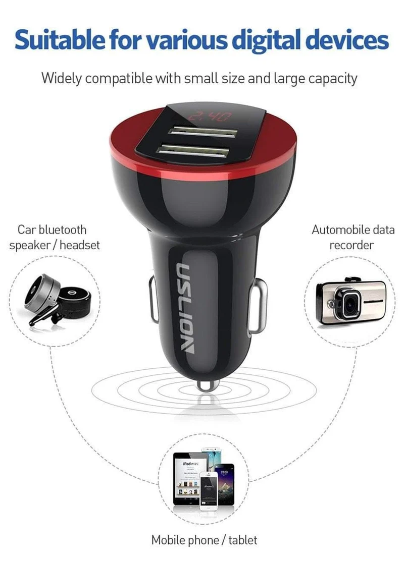 USLION USB-Autoladegerät für Handy, Tablet, GPS, 3.1A, LED-Anzeige, Schnellladefunktion, Dual-USB-Autotelefonladegerät-Adapter im Auto