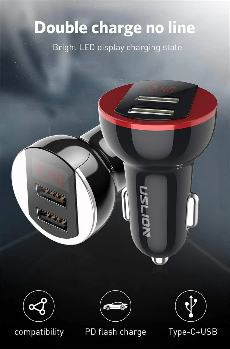 USLION USB-Autoladegerät für Handy, Tablet, GPS, 3.1A, LED-Anzeige, Schnellladefunktion, Dual-USB-Autotelefonladegerät-Adapter im Auto