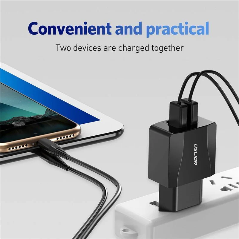 USLION Dual USB Ladegerät Handy EU Ladegerät Stecker Adapter Wand ladegerät kabel für iPhone iPad Samsung Xiaomi 2A Schnelle lade