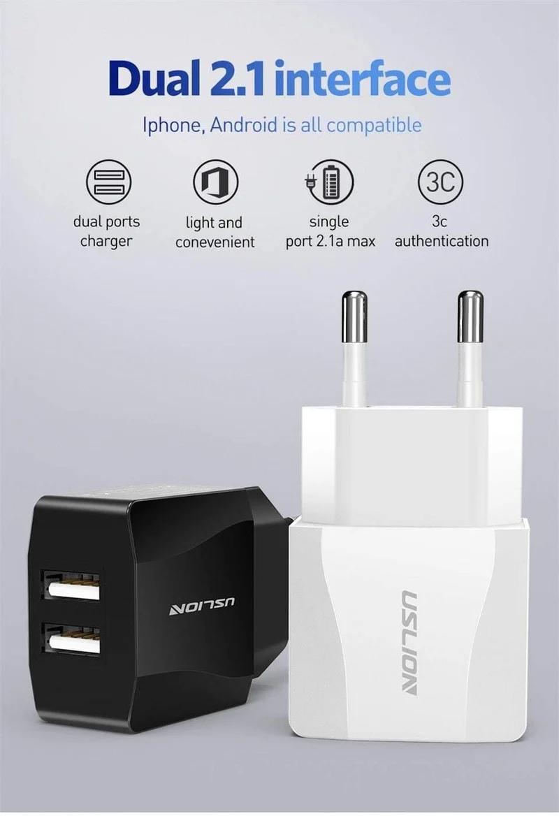 USLION Dual USB Ladegerät Handy EU Ladegerät Stecker Adapter Wand ladegerät kabel für iPhone iPad Samsung Xiaomi 2A Schnelle lade