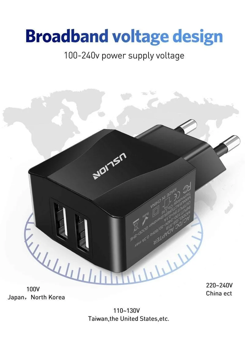 USLION Dual USB Ladegerät Handy EU Ladegerät Stecker Adapter Wand ladegerät kabel für iPhone iPad Samsung Xiaomi 2A Schnelle lade