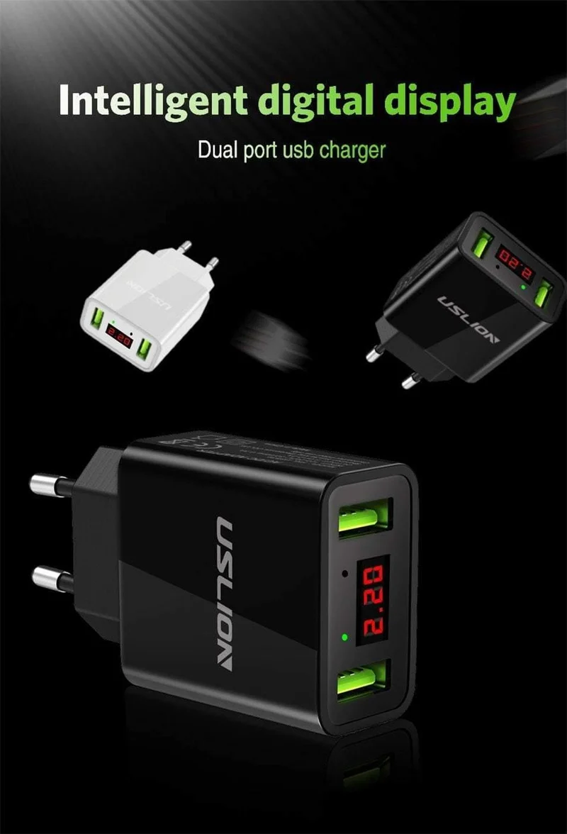 LED-Anzeige 2 USB-Ladegerät, USLION Universal-Handy-Ladegerät für iPhone iPad Samsung Xiaomi 2.2 A Max Ladewand-Ladegerät