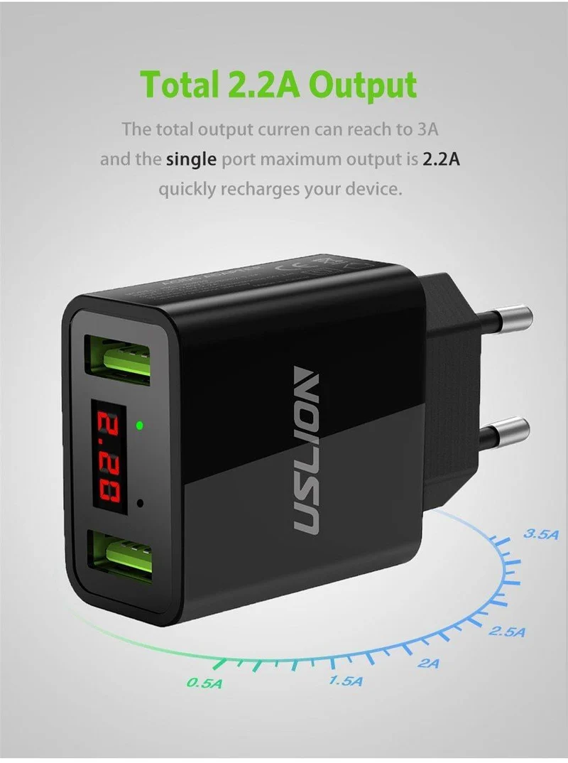 LED-Anzeige 2 USB-Ladegerät, USLION Universal-Handy-Ladegerät für iPhone iPad Samsung Xiaomi 2.2 A Max Ladewand-Ladegerät