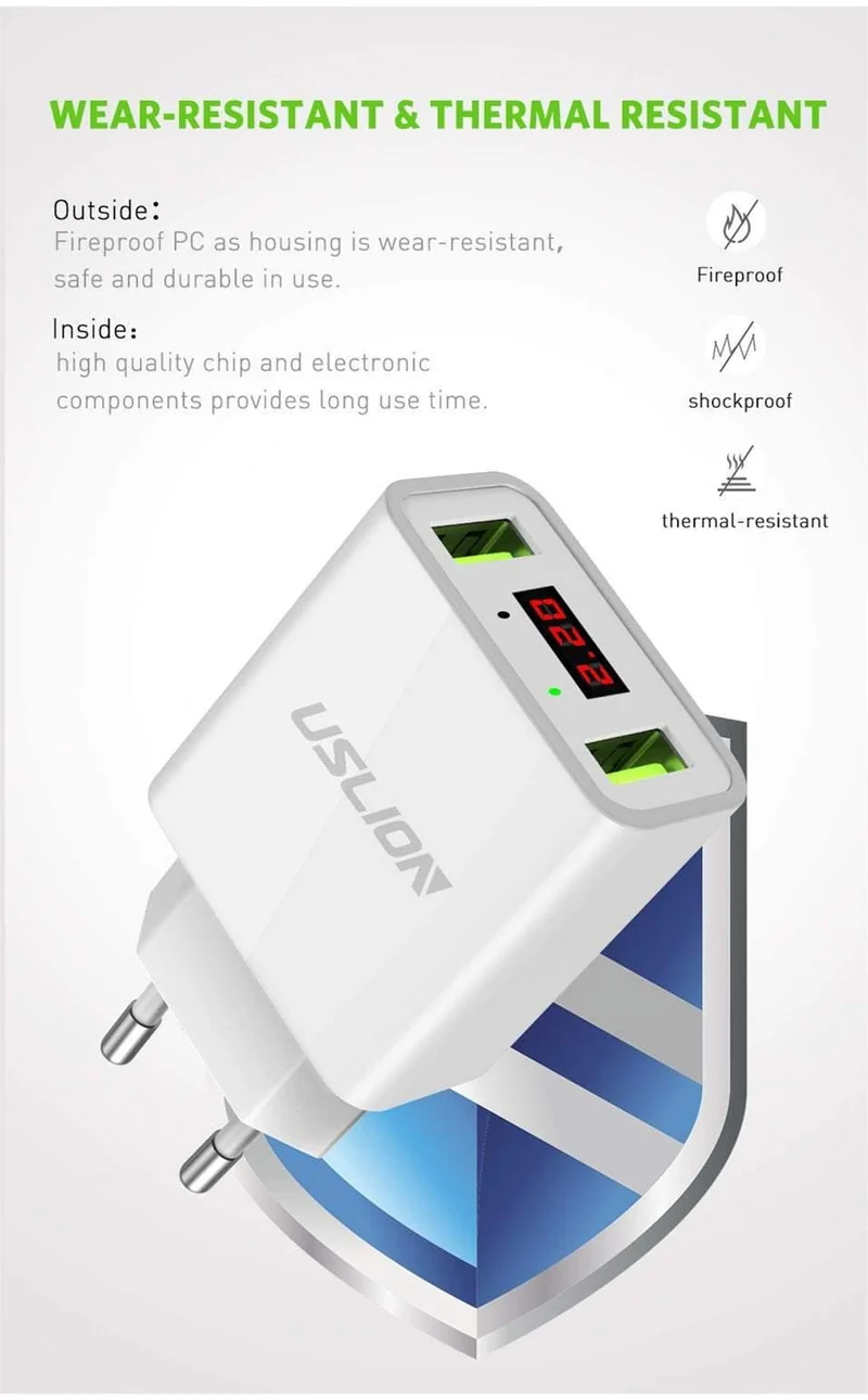 LED-Anzeige 2 USB-Ladegerät, USLION Universal-Handy-Ladegerät für iPhone iPad Samsung Xiaomi 2.2 A Max Ladewand-Ladegerät