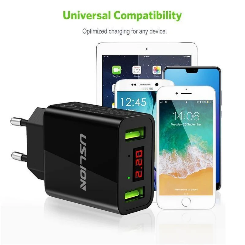 LED-Anzeige 2 USB-Ladegerät, USLION Universal-Handy-Ladegerät für iPhone iPad Samsung Xiaomi 2.2 A Max Ladewand-Ladegerät