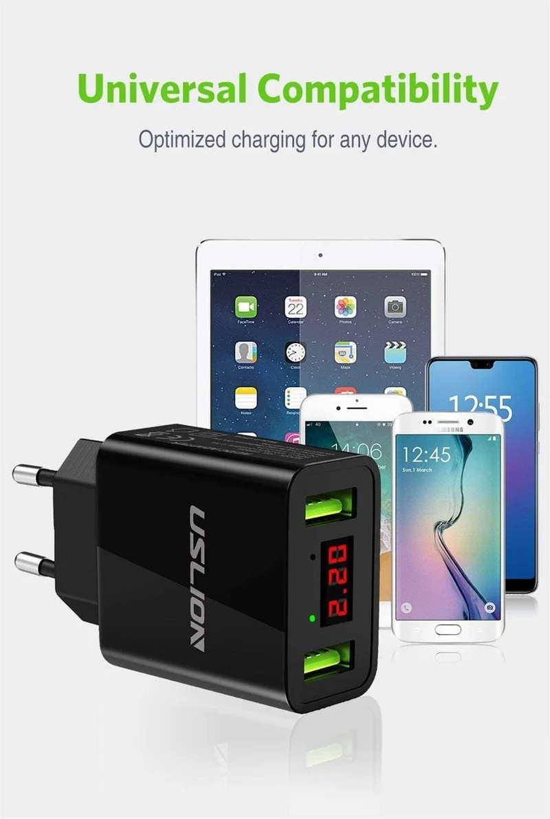LED-Anzeige 2 USB-Ladegerät, USLION Universal-Handy-Ladegerät für iPhone iPad Samsung Xiaomi 2.2 A Max Ladewand-Ladegerät