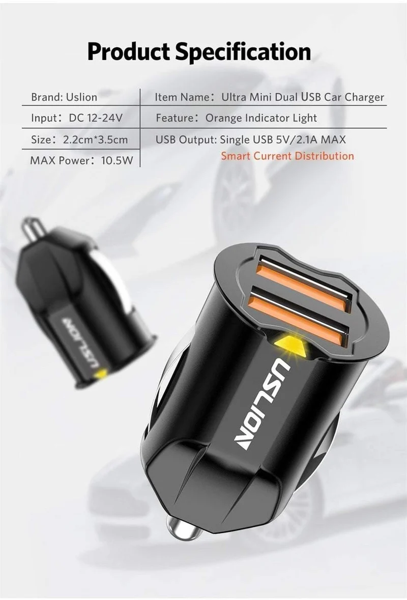 USLION 2.1A Mini-USB-Autoladegerät-Adapter Autoladegerät Handy Dual USB-Autoladegerät Auto Charge 2 Ports für iPhone Samsung
