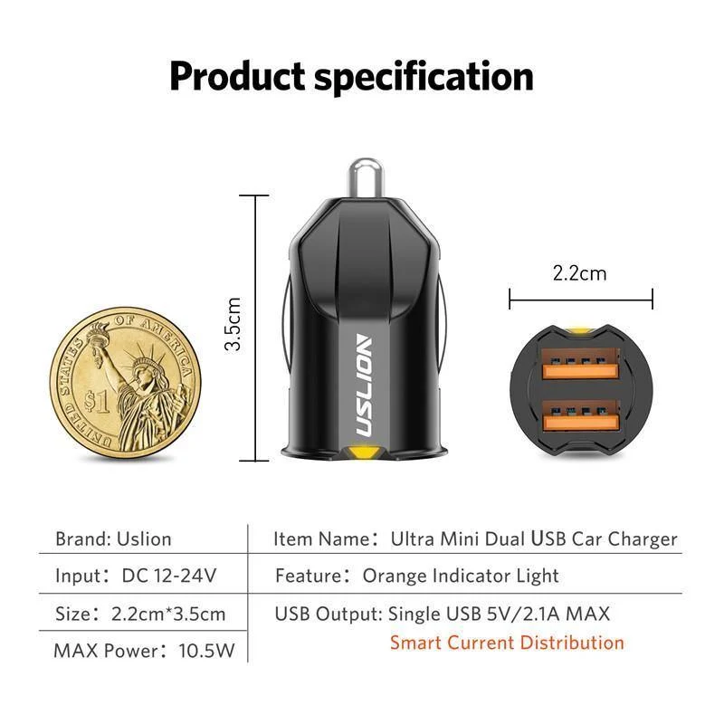 USLION 2.1A Mini-USB-Autoladegerät-Adapter Autoladegerät Handy Dual USB-Autoladegerät Auto Charge 2 Ports für iPhone Samsung