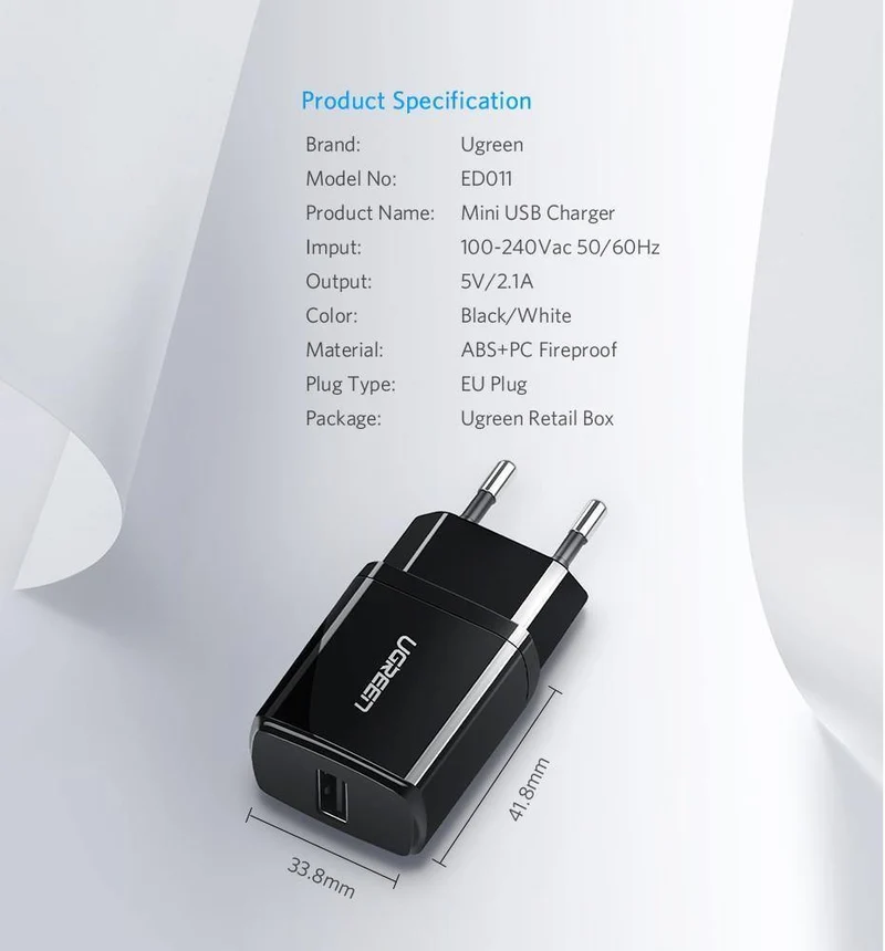 Ugreen 5V 2.1A USB-Ladegerät für iPhone X 8 7 iPad Schnellladegerät EU-Adapter für Samsung S9 Xiaomi Mi 8 Handy-Ladegerät