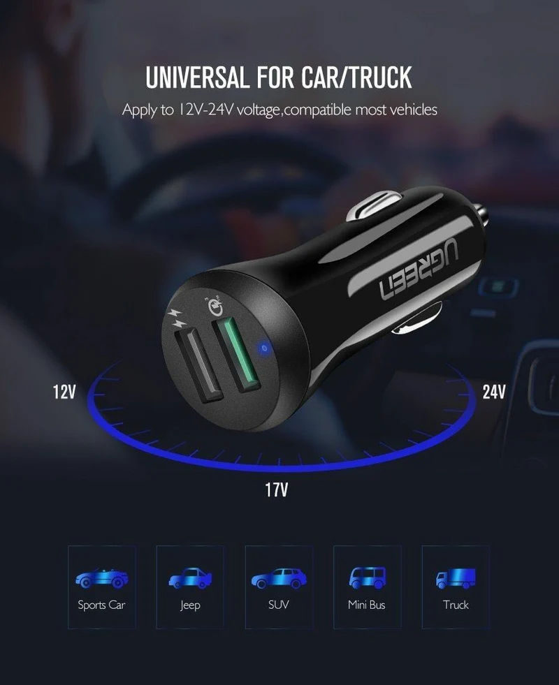 Ugreen Auto USB Ladegerät Quick Charge 3.0 Handy Ladegerät Dual USB Fast QC 3.0 Auto Ladegerät für Samsung Xiaomi Tablet Ladegerät
