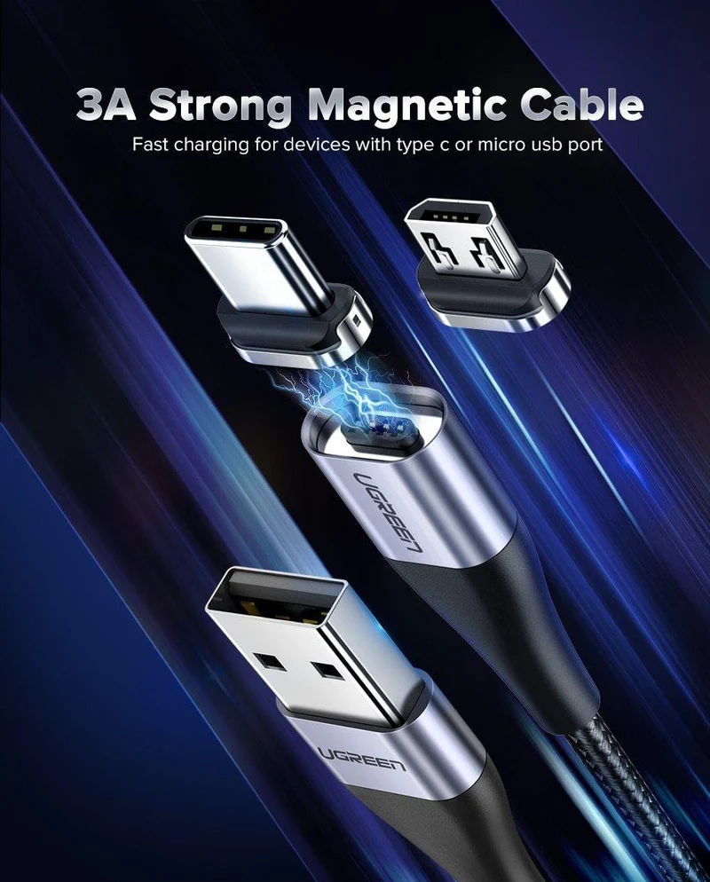 Ugreen Magnetic USB-Kabel Schnellladung USB-Typ C-Kabel Magnet Ladegerät Datenladung Micro-USB-Kabel Handykabel USB-Kabel