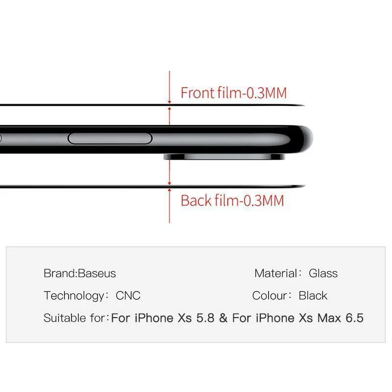 Baseus Displayschutzfolie vorne + gehärtetes Glas hinten für iPhone Xs Xs Max XR 2018 Schutzglas 9H dünnes Vollabdeckungsglas