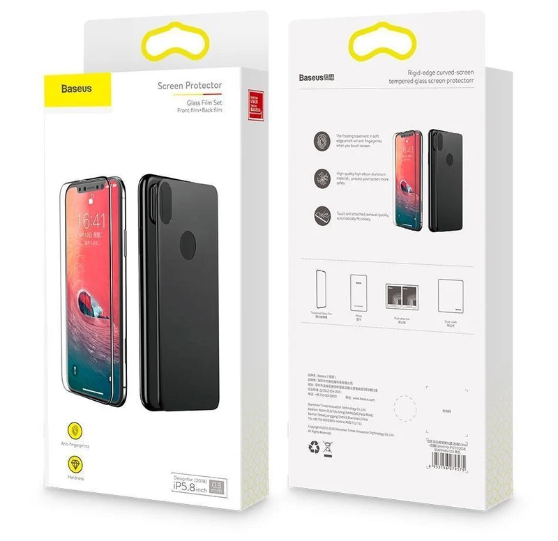 Baseus Displayschutzfolie vorne + gehärtetes Glas hinten für iPhone Xs Xs Max XR 2018 Schutzglas 9H dünnes Vollabdeckungsglas