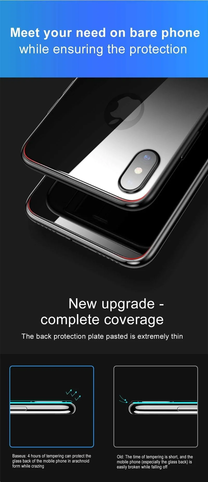 Baseus 0.3 mm Schutzglas für iPhone Xs Xs Max XR Rückfolie gehärtetes Glas ultradünn 9H kratzfeste Rückglasfolie