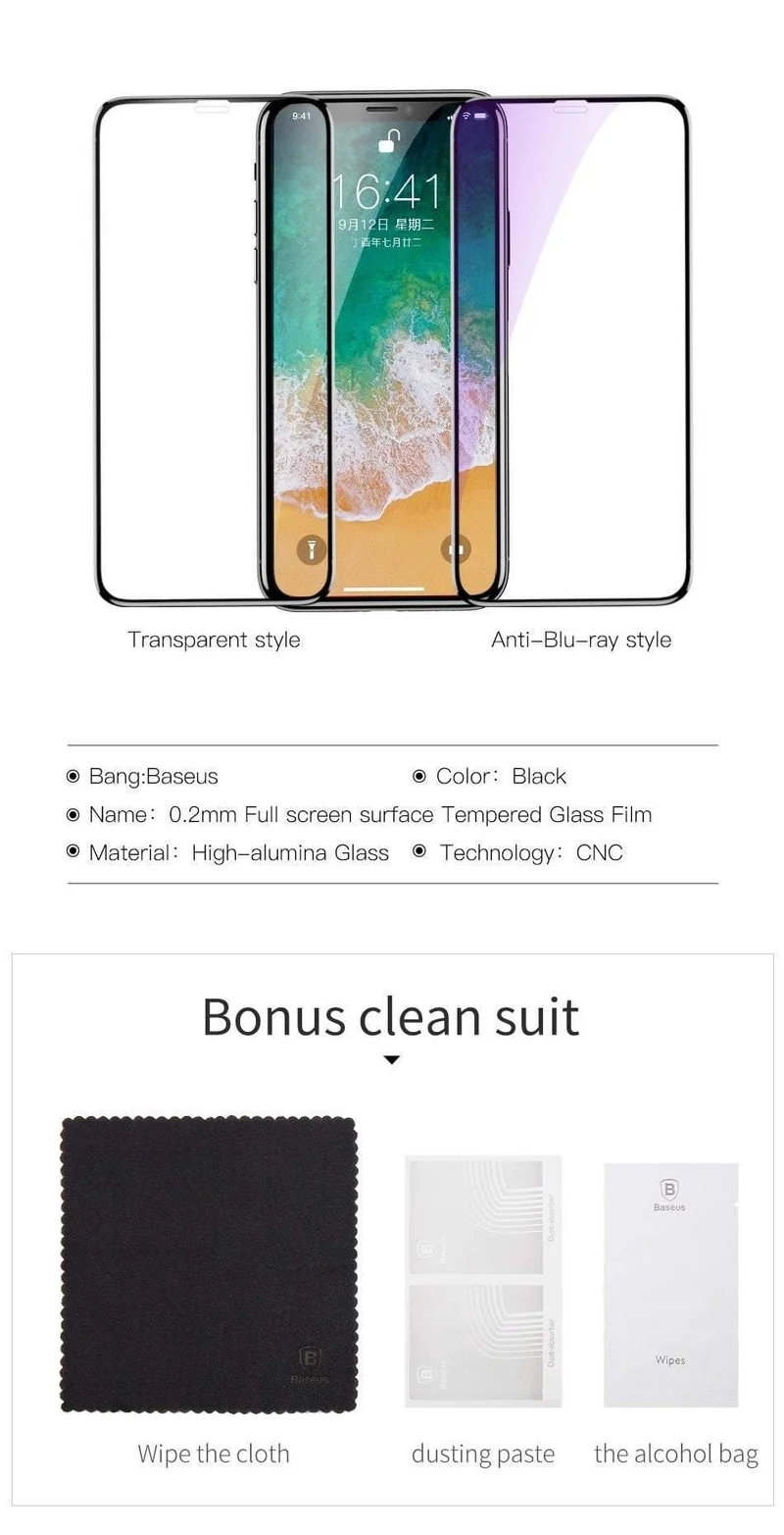 Baseus für iPhone X Displayschutz 0.2 mm 9H gehärtetes Glas für iPhone X 10 ultradünnes 6D-Frontschutzglas mit vollständiger Abdeckung