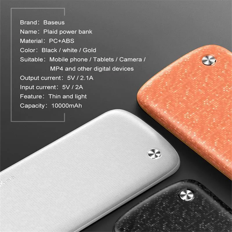 Baseus 10000mAh USB Power Bank 15mm Ultra Slim Powerbank Tragbares externes Batterieladegerät für iPhone Handy Poverbank