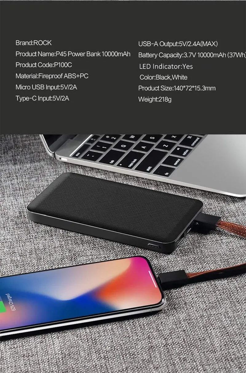 ROCK Slim Powerbank 10000 mAh Tragbar Lade Ultraflaches Powerbank-Backup-Pack für externe Akkus für das iPhone poverbank 10000mah