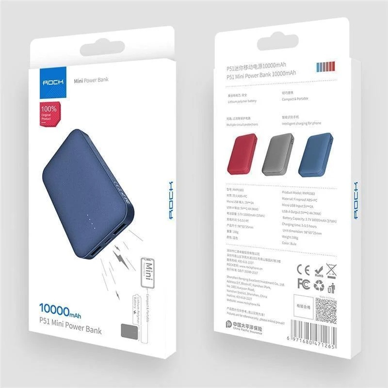 ROCK Mini 10000 mAh Powerbank Tragbarer ultradünner Polymer Powerbank Akku für iPhone SamSung Xiaomi Huawei und mehr