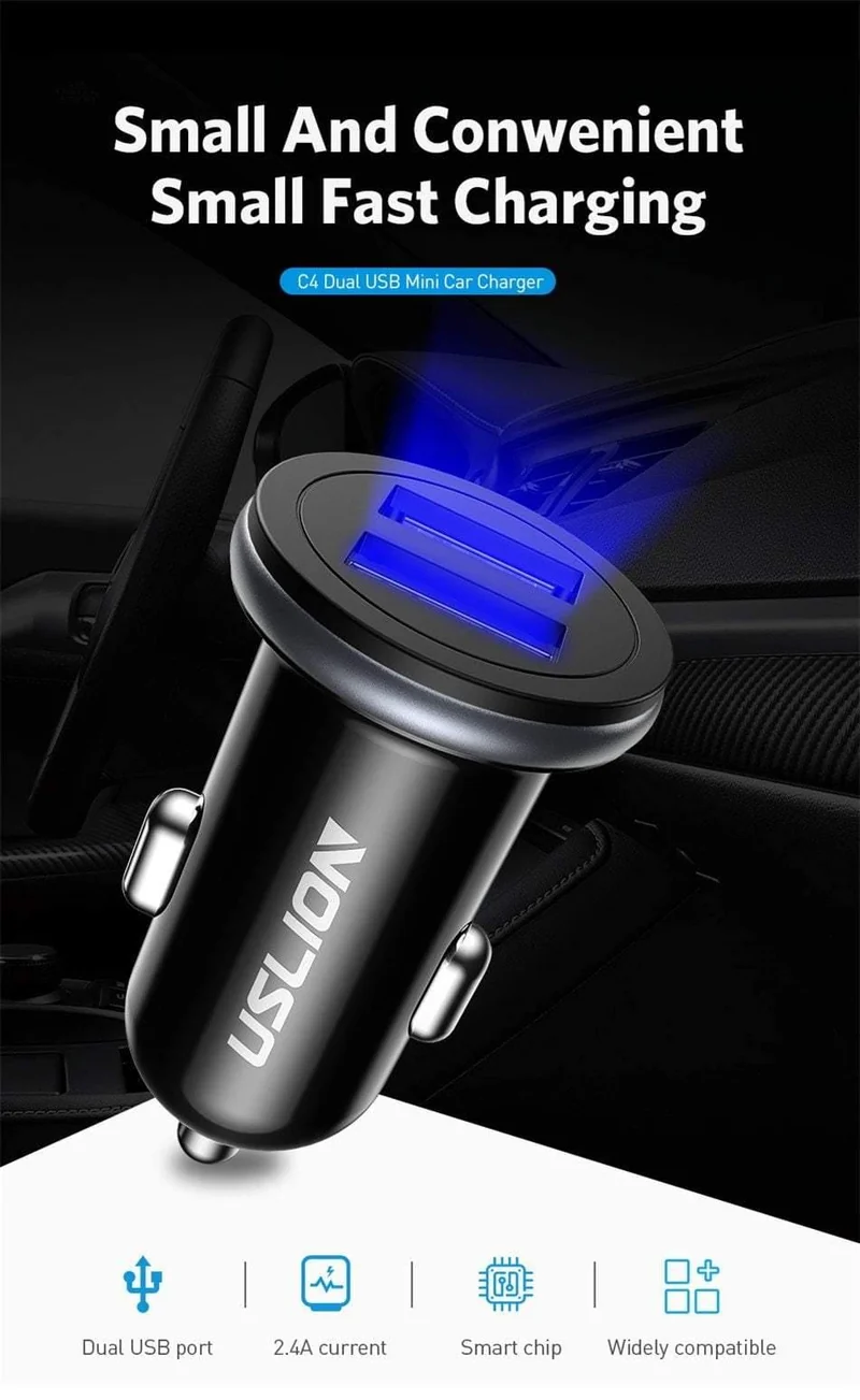 USLION Dual USB Autoladegerät Mini Autotelefonladegerät 2.4A Lade 2 USB-Anschlüsse Autoladegerät für iPhone XS MAX XR X 8 Samsung Xiaomi