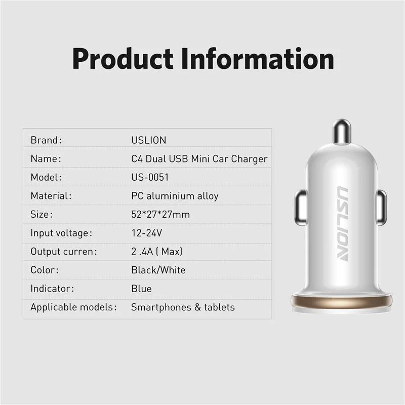 USLION Dual USB Autoladegerät Mini Autotelefonladegerät 2.4A Lade 2 USB-Anschlüsse Autoladegerät für iPhone XS MAX XR X 8 Samsung Xiaomi