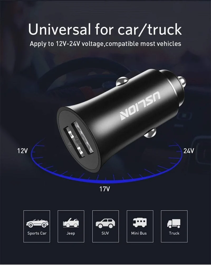 USLION USB-Autoladegerät für iPhone 7 8 XS MAX XR Mini Dual USB-Schnellladeadapter für das Auto zum Aufladen von Mobiltelefonen für Samsung Xiaomi