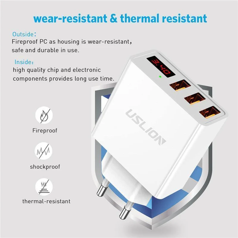 Display 3 USB-Ladegerät, USLION Schnelllade-Wandladegerät für iPhone Samsung Xiaomi 3.4 A Max Universal-USB-Ladegerät für Mobiltelefone