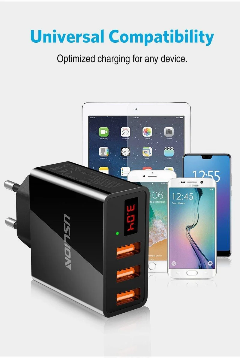 Display 3 USB-Ladegerät, USLION Schnelllade-Wandladegerät für iPhone Samsung Xiaomi 3.4 A Max Universal-USB-Ladegerät für Mobiltelefone
