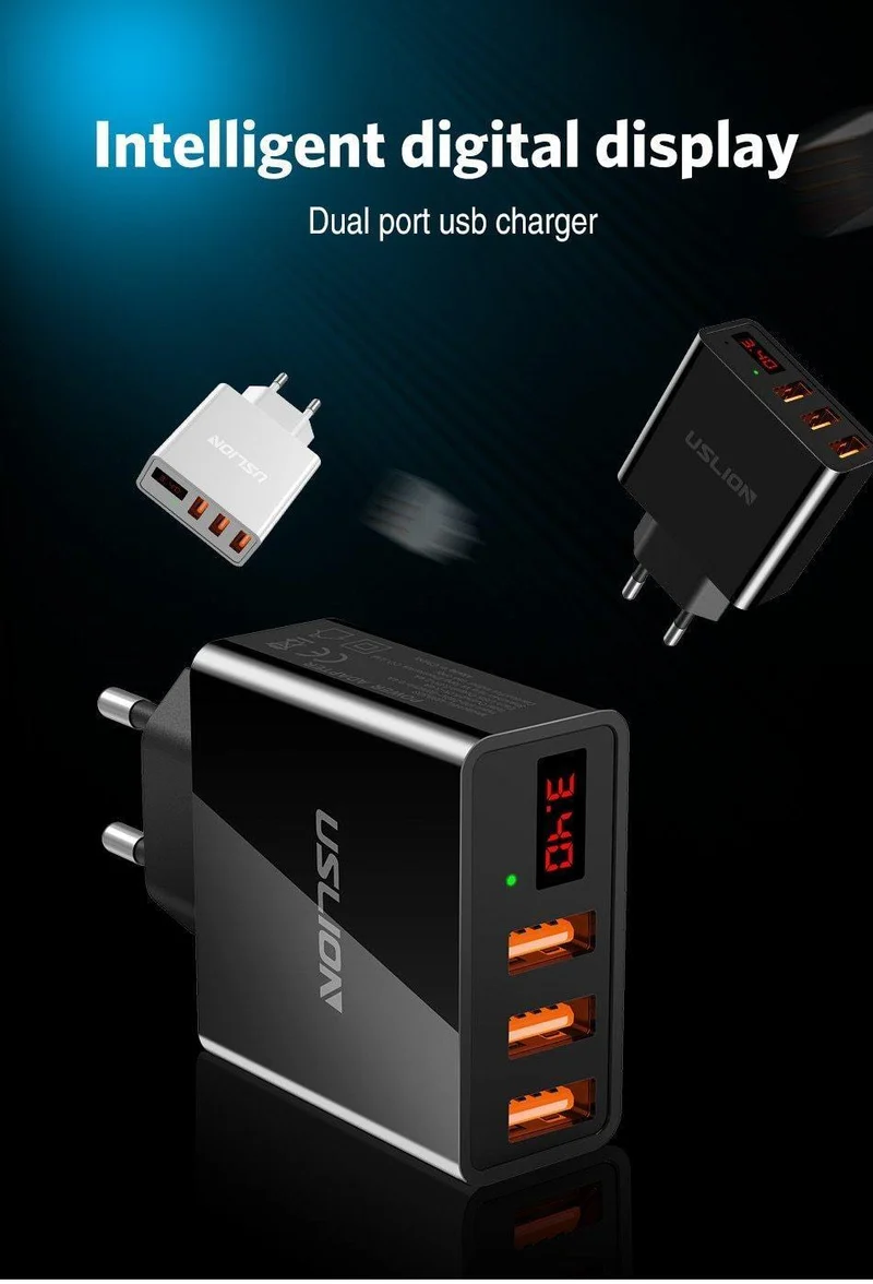 Display 3 USB-Ladegerät, USLION Schnelllade-Wandladegerät für iPhone Samsung Xiaomi 3.4 A Max Universal-USB-Ladegerät für Mobiltelefone