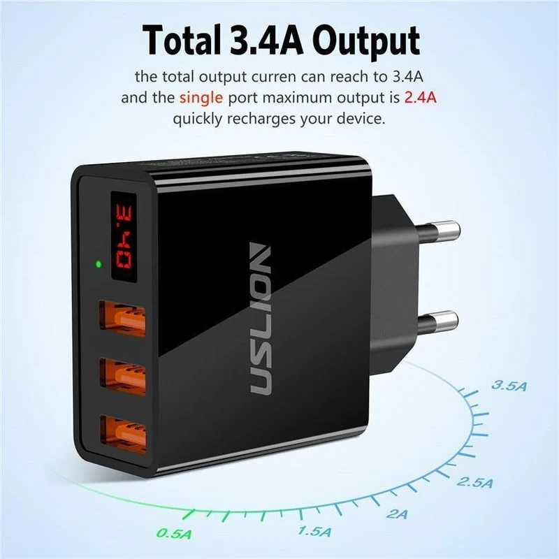 Display 3 USB-Ladegerät, USLION Schnelllade-Wandladegerät für iPhone Samsung Xiaomi 3.4 A Max Universal-USB-Ladegerät für Mobiltelefone