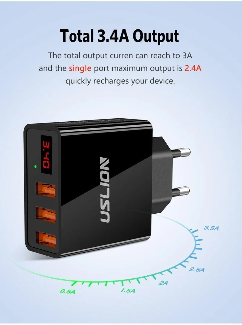 Display 3 USB-Ladegerät, USLION Schnelllade-Wandladegerät für iPhone Samsung Xiaomi 3.4 A Max Universal-USB-Ladegerät für Mobiltelefone