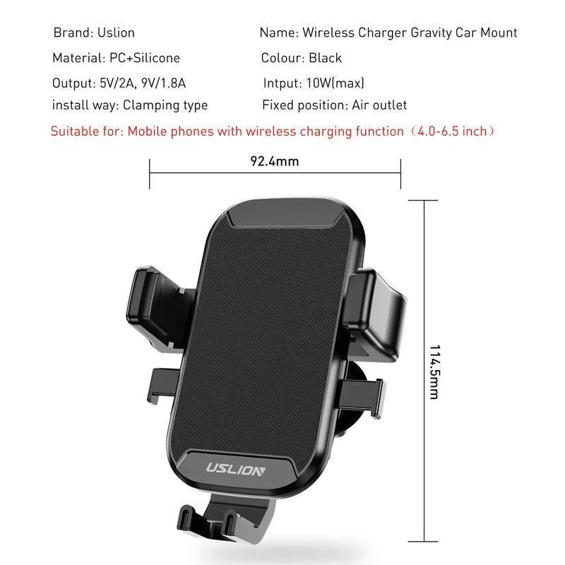 USLION Autohalterung Qi Wireless-Ladegerät für iPhone 7 8 XS MAX XR 10W schnelles kabelloses Laden Autotelefonhalter für Samsung Note 9 S9