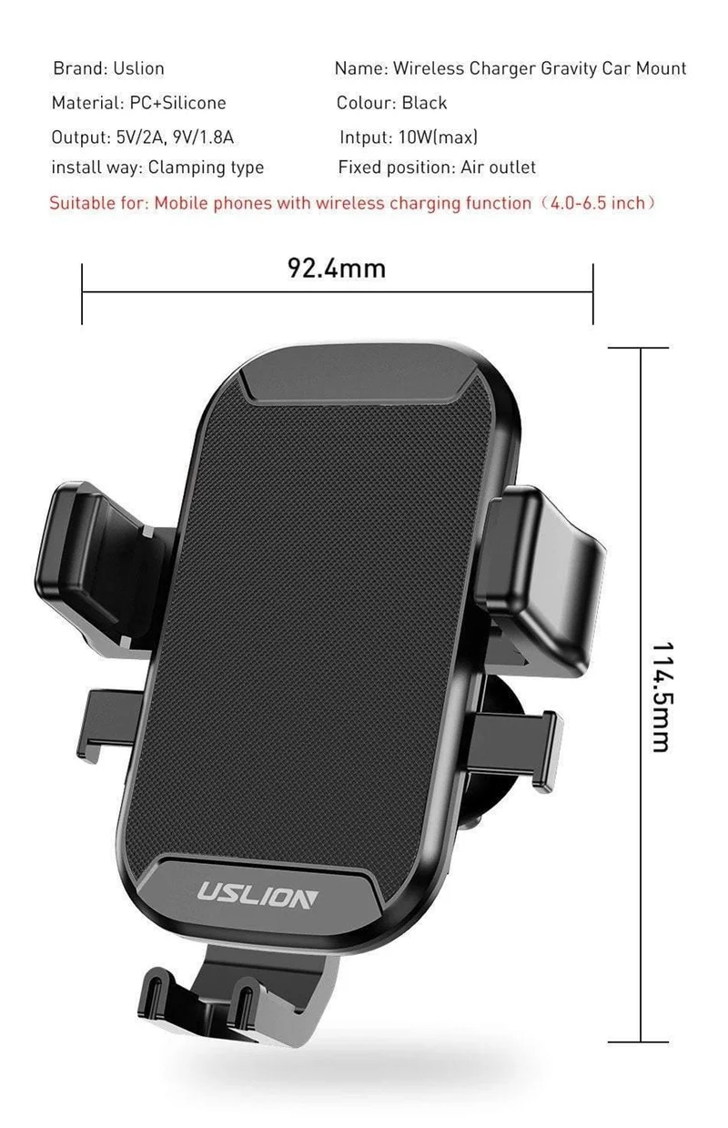 USLION Autohalterung Qi Wireless-Ladegerät für iPhone 7 8 XS MAX XR 10W schnelles kabelloses Laden Autotelefonhalter für Samsung Note 9 S9