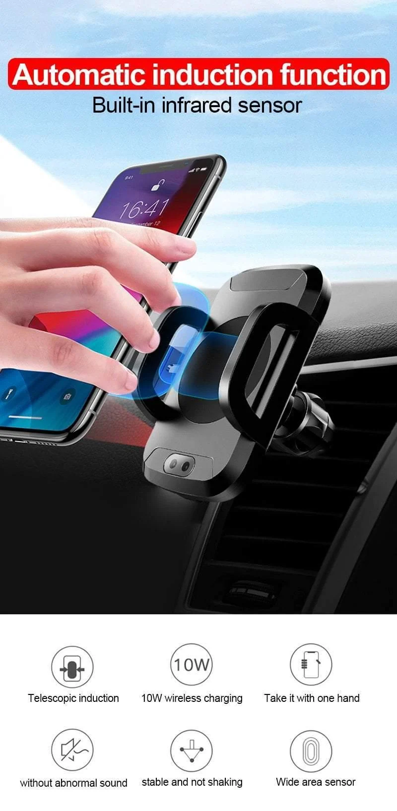 TOMKAS Qi Kabelloses Autoladegerät Infrarot-Sensor Schnellladegerät Kabelloses Aufladen für Telefon Automatische Induktion Kabelloses Autoladegerät