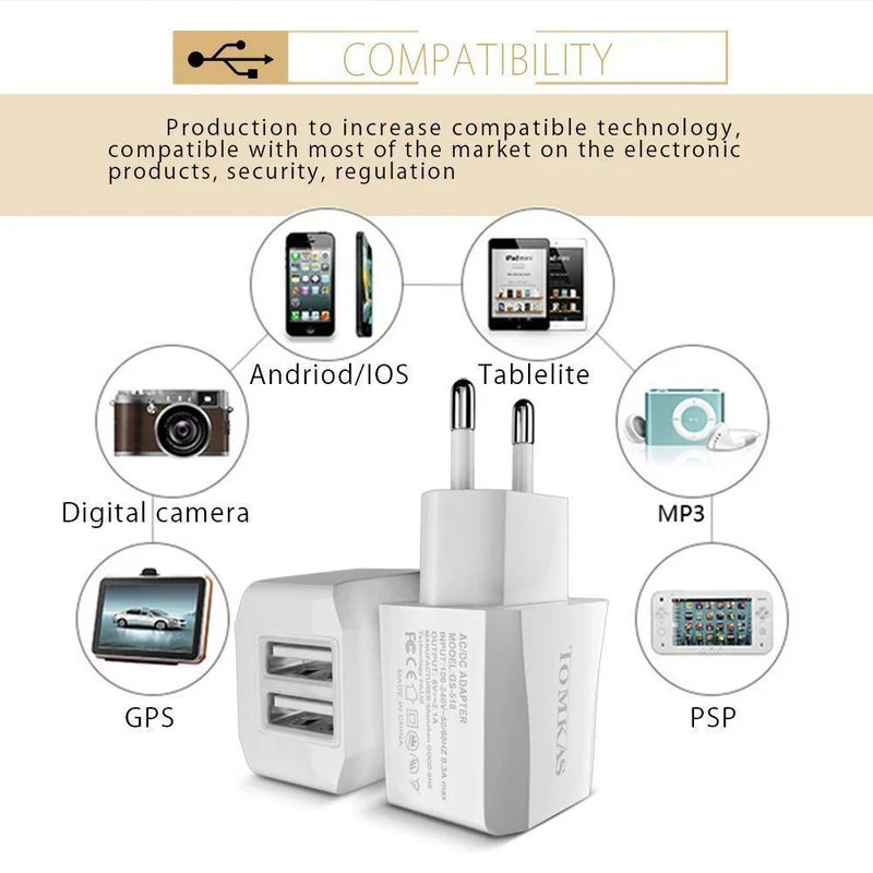 Tomkas Universal-USB-Ladegerät für Handys, Reise-Schnellladefunktion, EU-Stecker, Wandladegerät, USB-Adapter für Handy-Ladegerät, NEUER SYLE