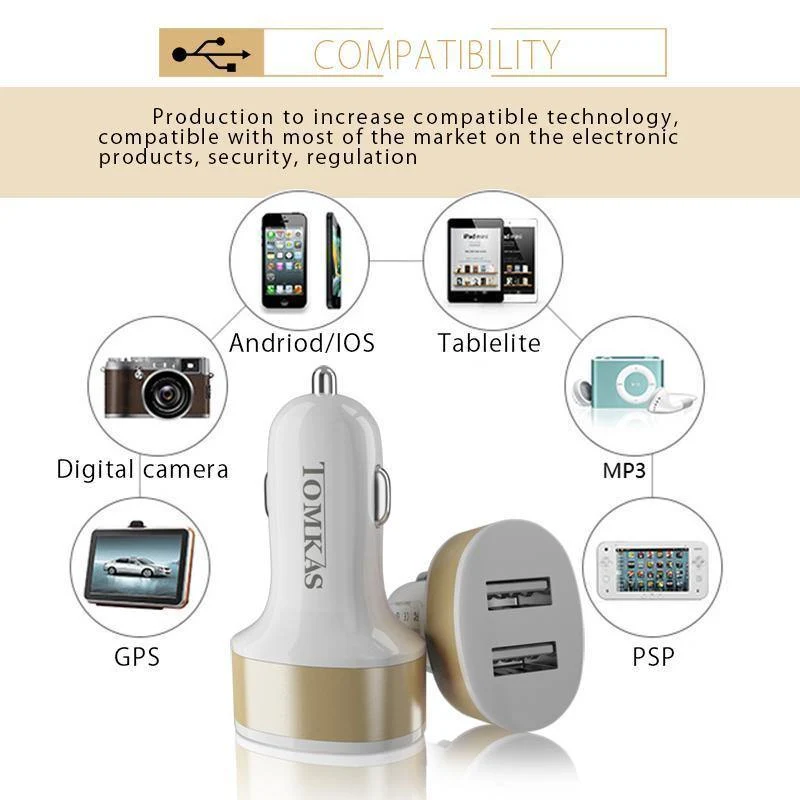 Tomkas Autoladegerät, universelles Dual-Port-USB-Autoladegerät, Handy, 5V2.1A-Ladegerät, USB-Adapter für Samsung, Xiaomi, schnelles Aufladen