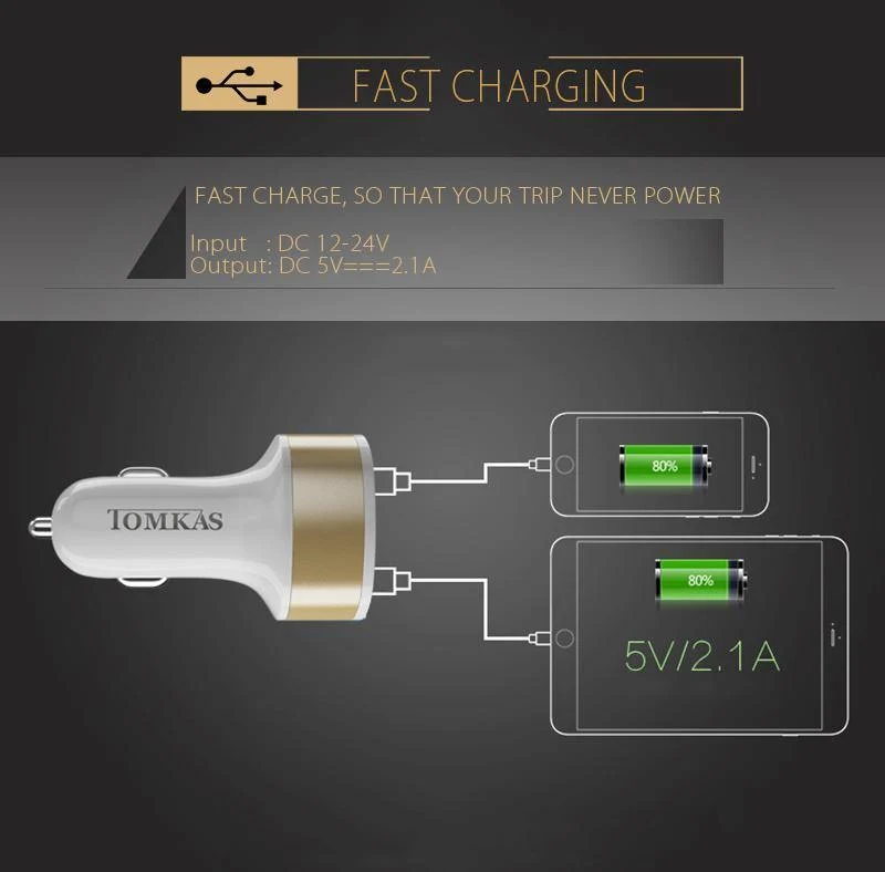 Tomkas Autoladegerät, universelles Dual-Port-USB-Autoladegerät, Handy, 5V2.1A-Ladegerät, USB-Adapter für Samsung, Xiaomi, schnelles Aufladen
