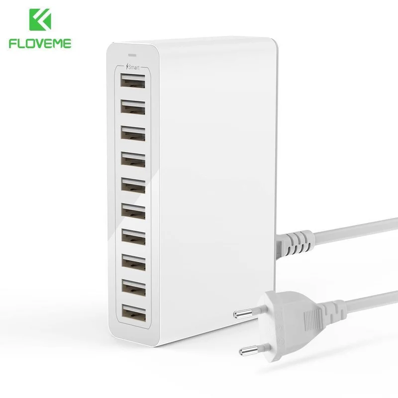 FLOVEME 10-Anschlüsse USB-Ladegerät Smart Desktop-Ladegeräte für Smartphones und Tablets Handy-Reiseladegerät Adapter EU / US-Stecker