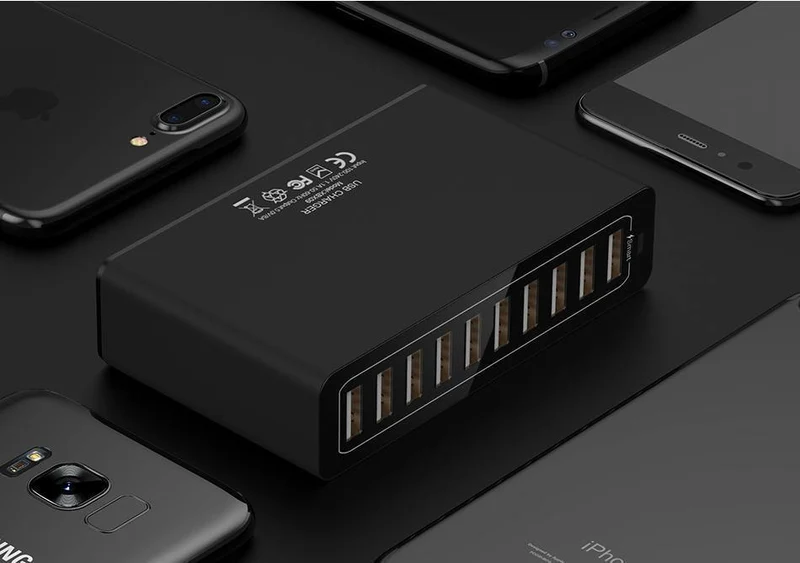 FLOVEME 10-Anschlüsse USB-Ladegerät Smart Desktop-Ladegeräte für Smartphones und Tablets Handy-Reiseladegerät Adapter EU / US-Stecker