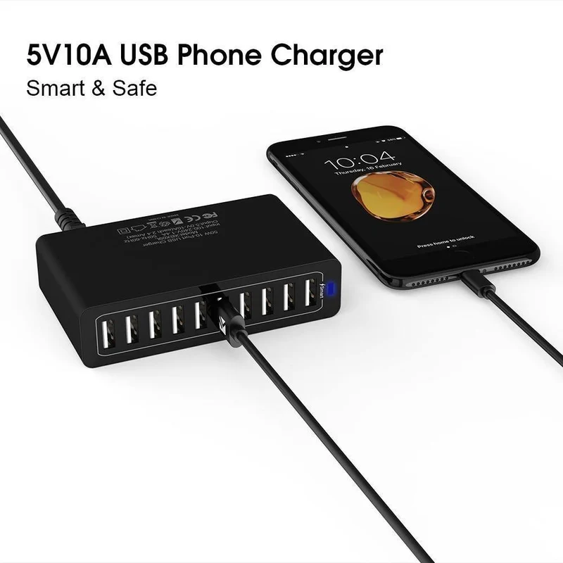 FLOVEME 10-Anschlüsse USB-Ladegerät Smart Desktop-Ladegeräte für Smartphones und Tablets Handy-Reiseladegerät Adapter EU / US-Stecker