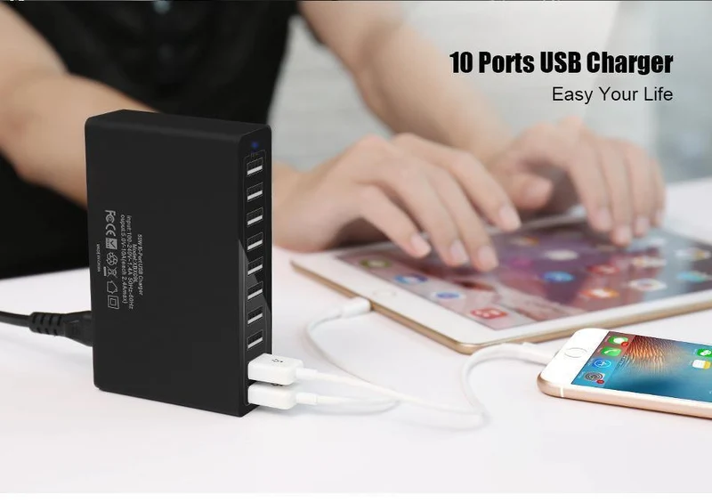 FLOVEME 10-Anschlüsse USB-Ladegerät Smart Desktop-Ladegeräte für Smartphones und Tablets Handy-Reiseladegerät Adapter EU / US-Stecker