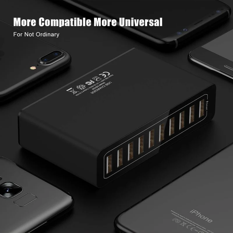FLOVEME 10-Anschlüsse USB-Ladegerät Smart Desktop-Ladegeräte für Smartphones und Tablets Handy-Reiseladegerät Adapter EU / US-Stecker
