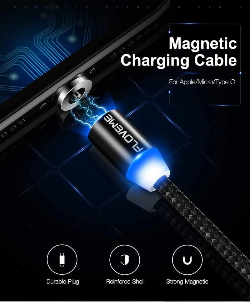FLOVEME LED Magnetisches Micro-USB-Kabel 1M Geflochtenes 5V/2A Magnet-Ladetelefonkabel für Samsung Galaxy S6 S7 Edge Xiaomi Redmi 4X