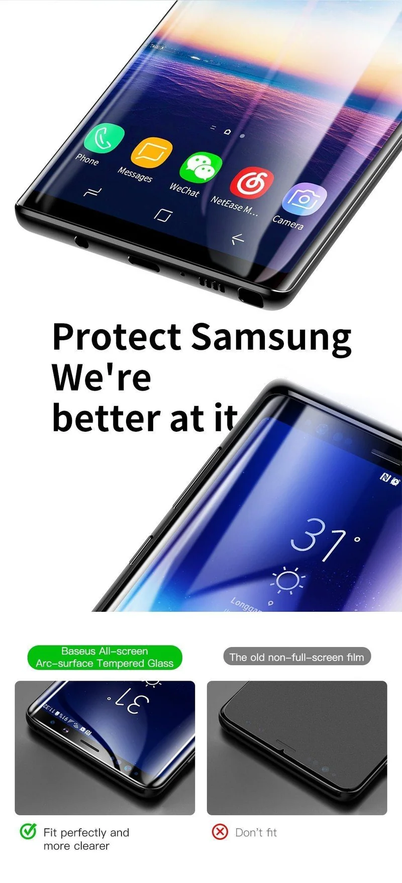 Baseus 3D Surface Displayschutzfolie für Samsung Note 9, 0.3 mm dünnes 9H gehärtetes Glas für Samsung Galaxy Note 9 Schutzglas