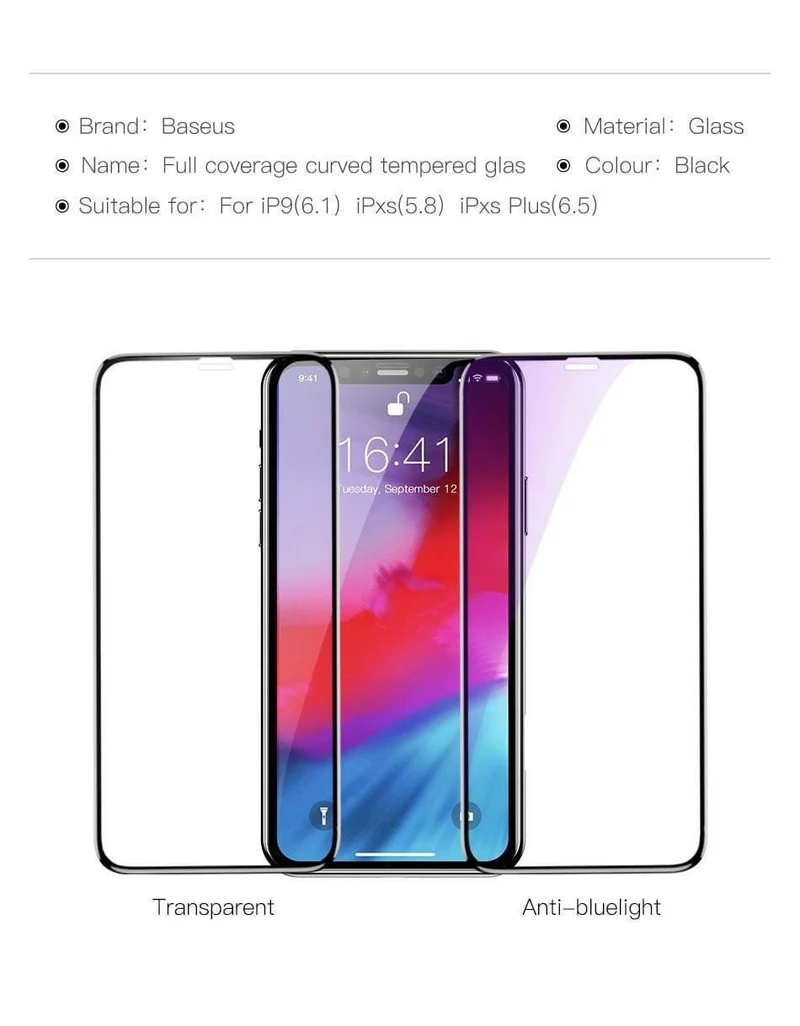 Baseus 0.3 mm gehärtetes Glas für iPhone Xs Xs Max XR Displayschutzfolie vollständige Abdeckung Schutzglas für iPhone X Xs Xs Max 2018