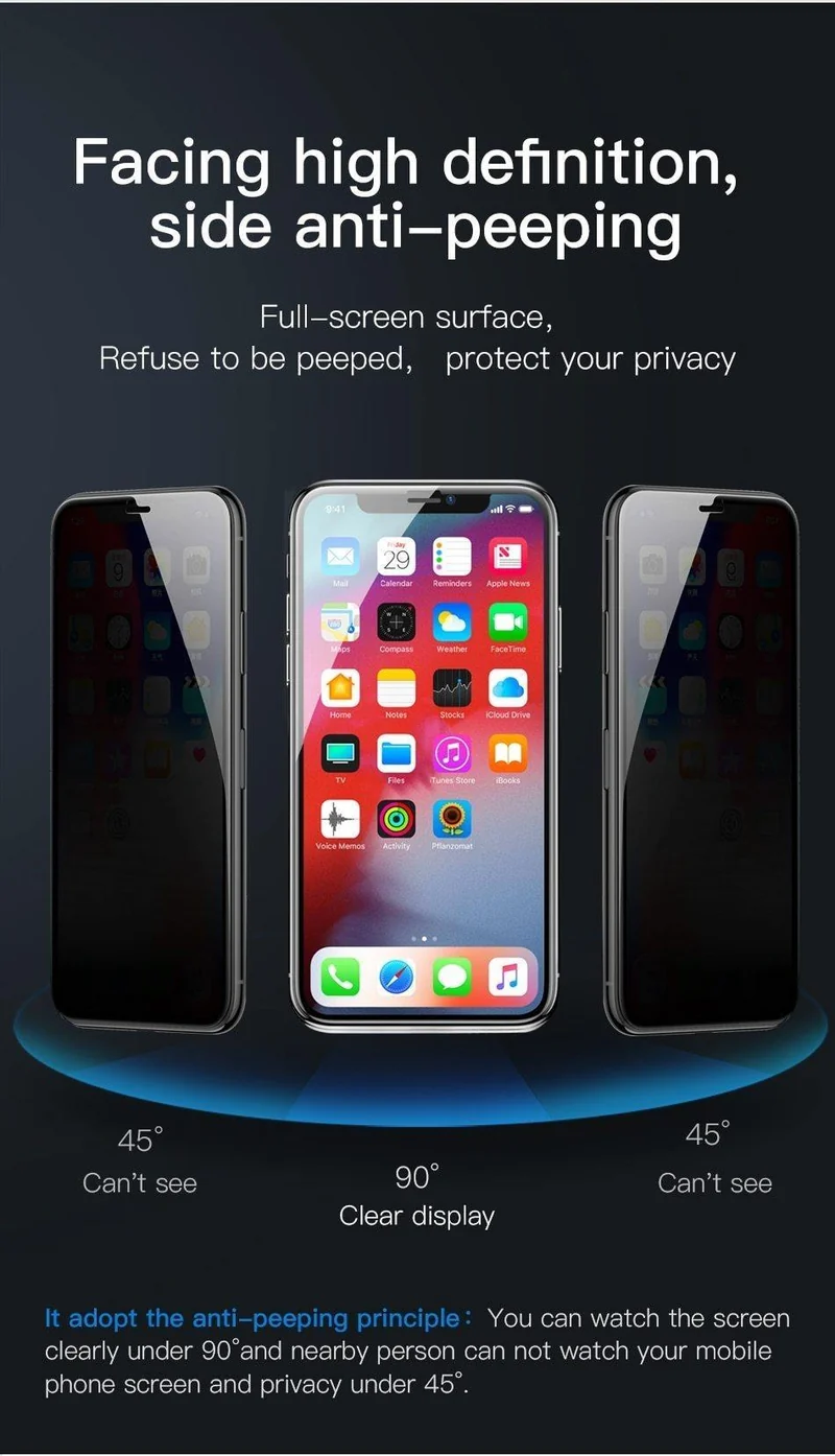 Baseus 0.23 mm Displayschutz für iPhone Xs XR Xs Max 2018 Schutzglas Volle Abdeckung gehärtetes Glas für iPhone X Anti Spy