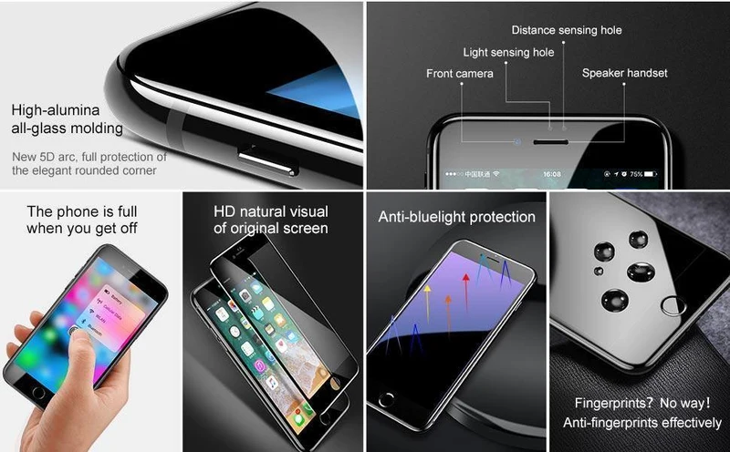 Baseus 5D Displayschutz für iPhone 7 8 gehärtetes Glas Vollbild Anti-Blaulicht-Frontglas für iPhone 7 Plus 8 Plus Glas