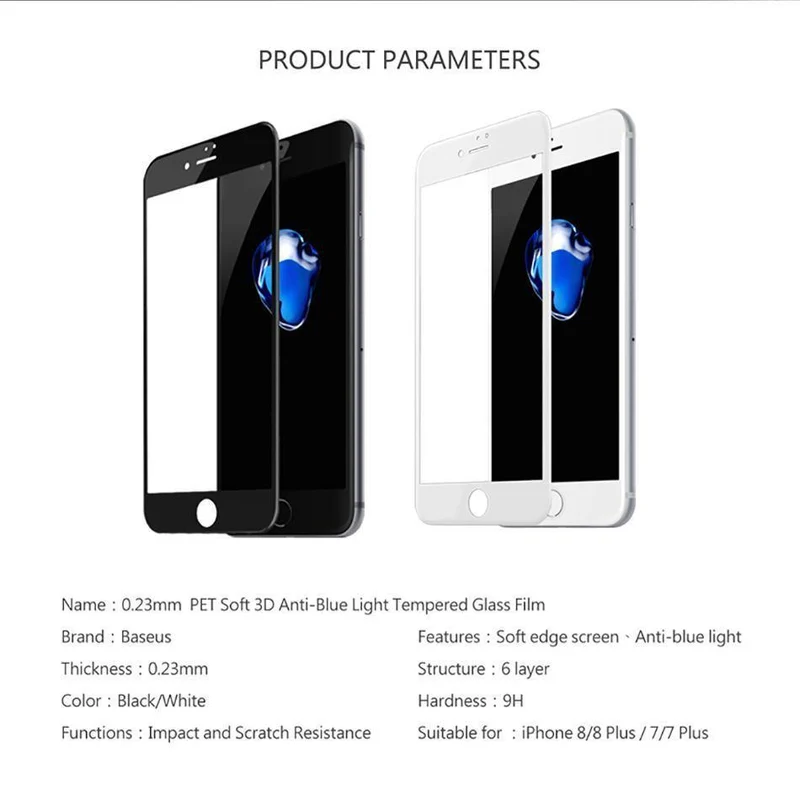 Baseus gehärtetes Glas für iPhone 8 8 Plus Displayschutzfolie Ultradünnes 9H-Schutzglas für iPhone 7 7 Plus Folie mit vollständiger Abdeckung
